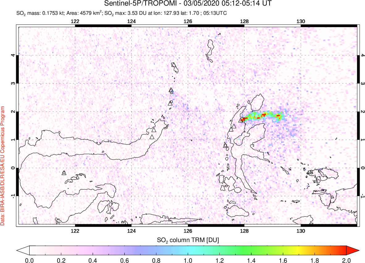 A sulfur dioxide image over Northern Sulawesi & Halmahera, Indonesia on Mar 05, 2020.