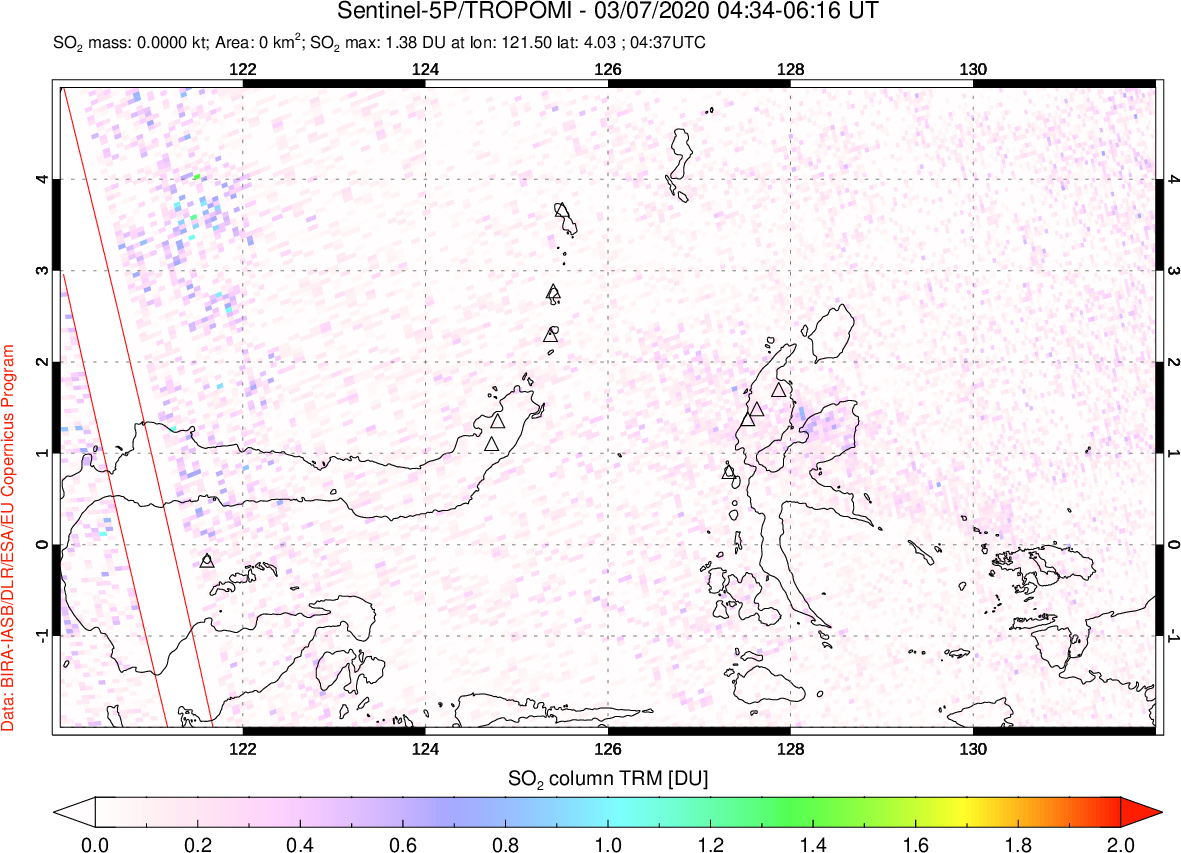 A sulfur dioxide image over Northern Sulawesi & Halmahera, Indonesia on Mar 07, 2020.