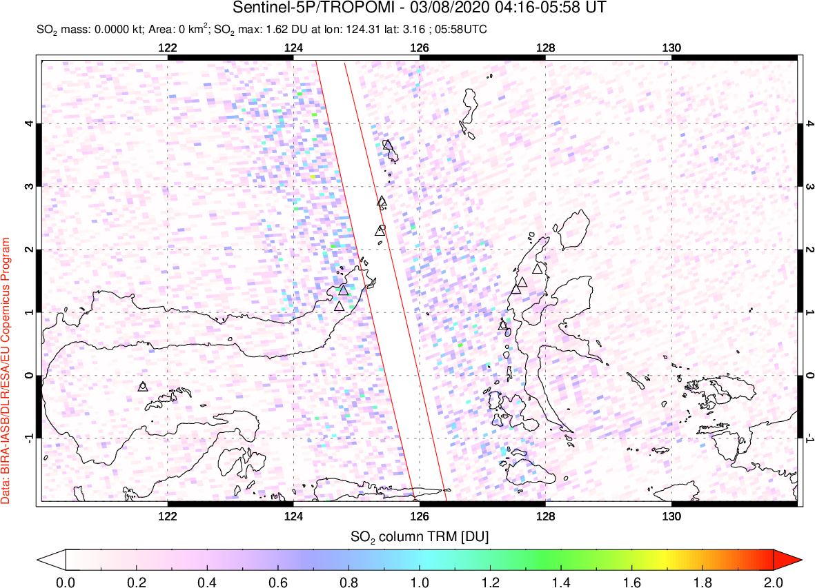 A sulfur dioxide image over Northern Sulawesi & Halmahera, Indonesia on Mar 08, 2020.