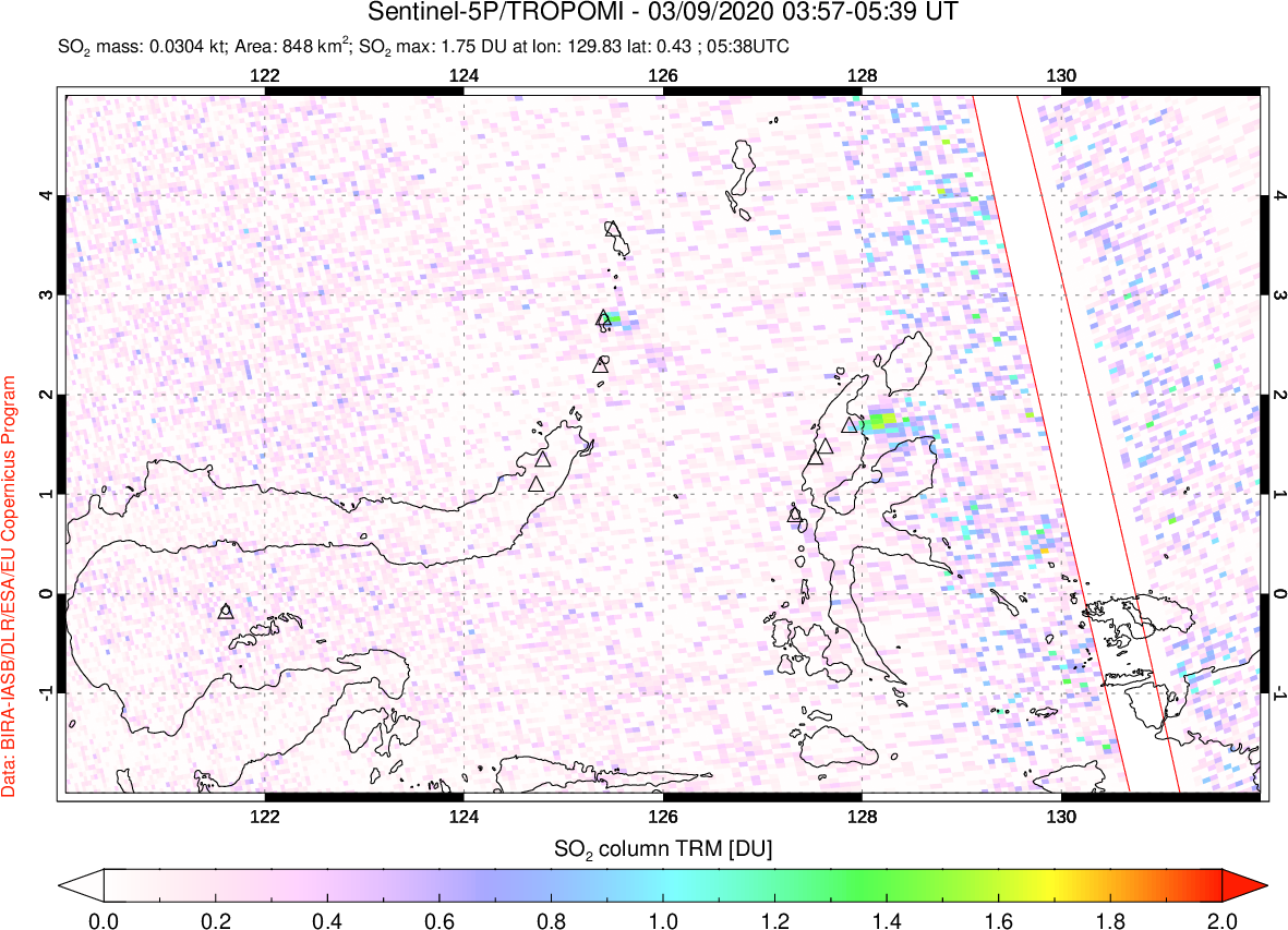 A sulfur dioxide image over Northern Sulawesi & Halmahera, Indonesia on Mar 09, 2020.