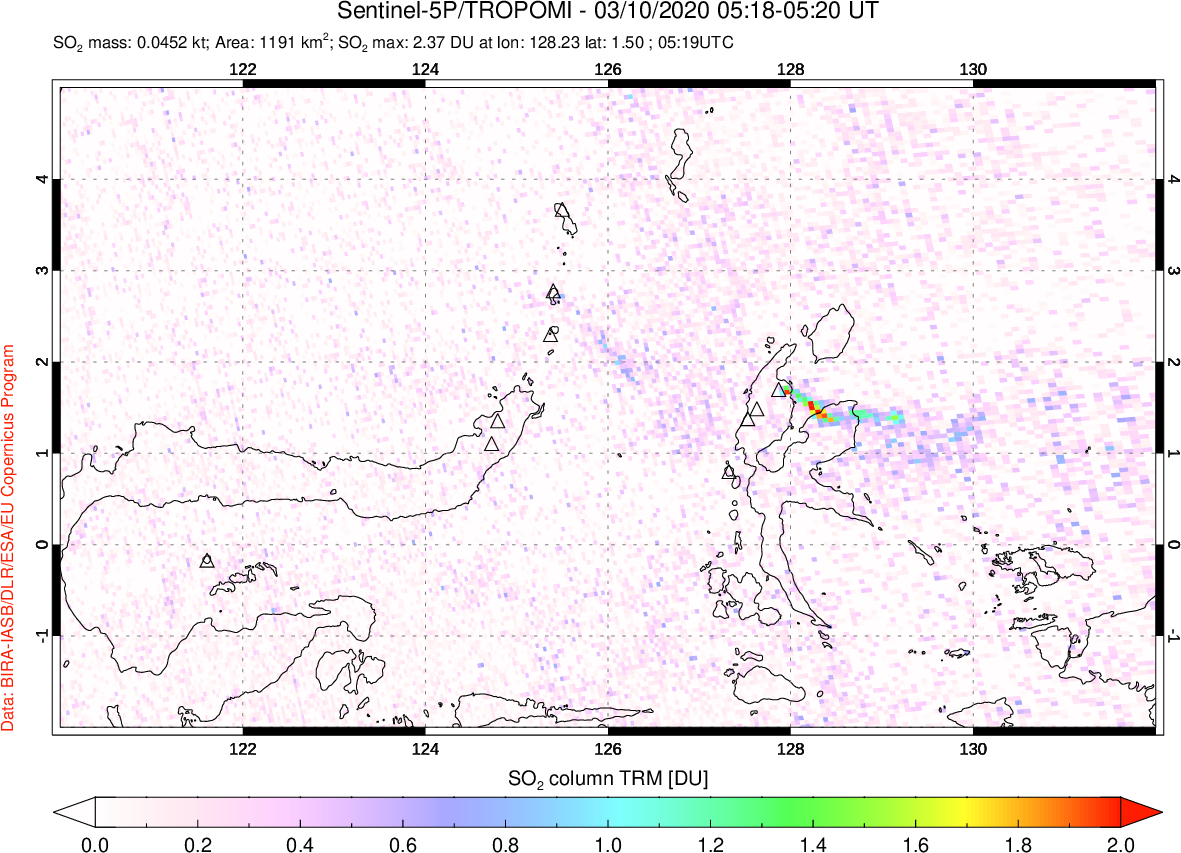 A sulfur dioxide image over Northern Sulawesi & Halmahera, Indonesia on Mar 10, 2020.