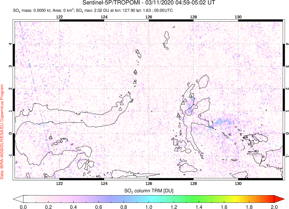 A sulfur dioxide image over Northern Sulawesi & Halmahera, Indonesia on Mar 11, 2020.