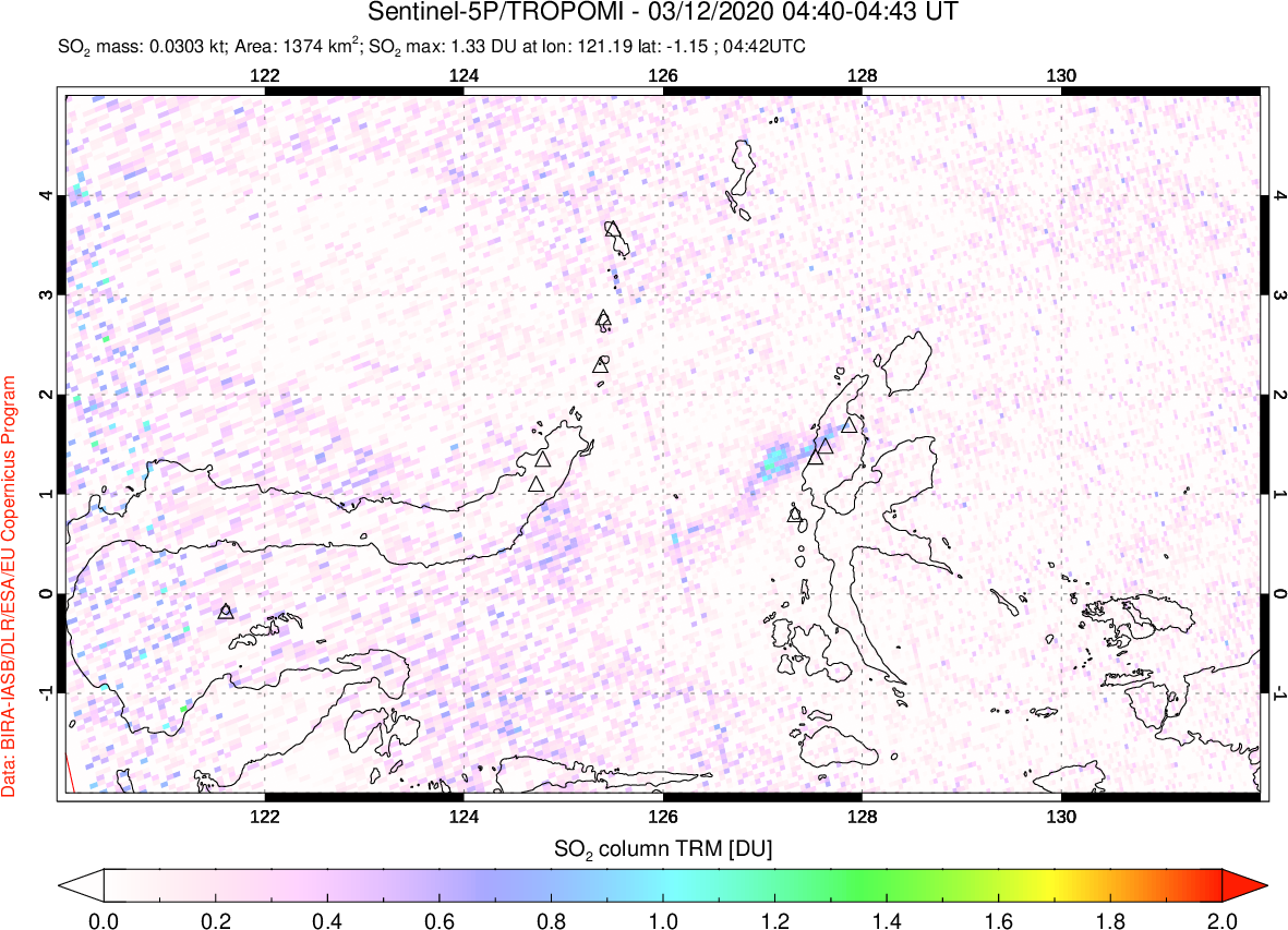 A sulfur dioxide image over Northern Sulawesi & Halmahera, Indonesia on Mar 12, 2020.