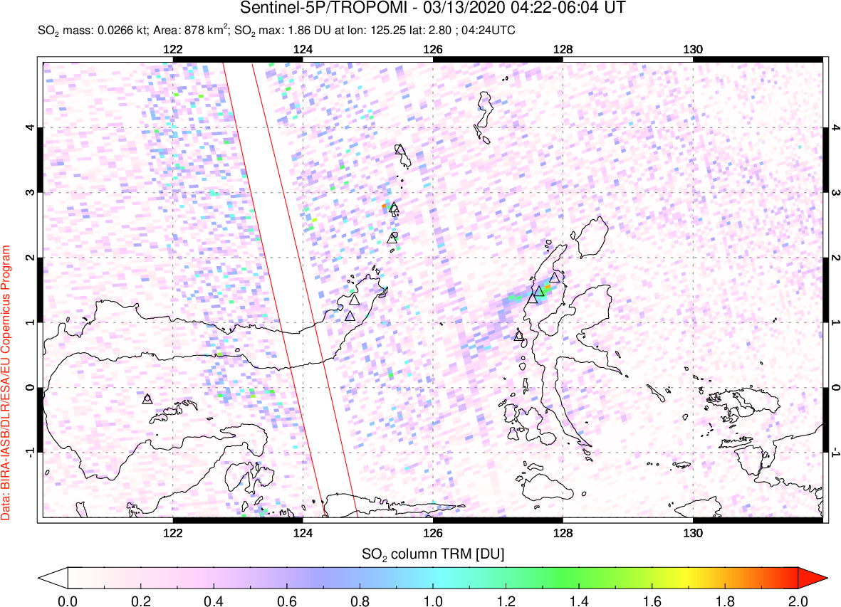 A sulfur dioxide image over Northern Sulawesi & Halmahera, Indonesia on Mar 13, 2020.