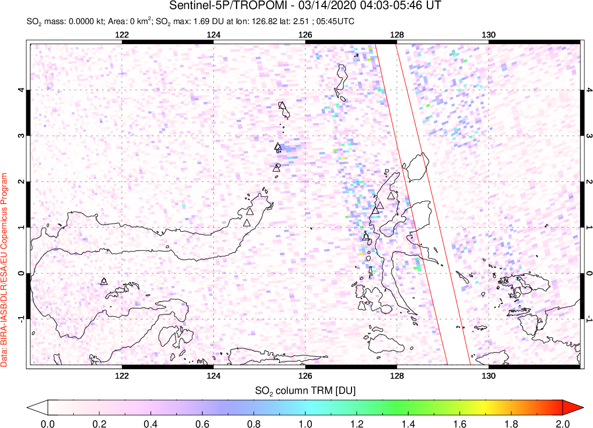 A sulfur dioxide image over Northern Sulawesi & Halmahera, Indonesia on Mar 14, 2020.