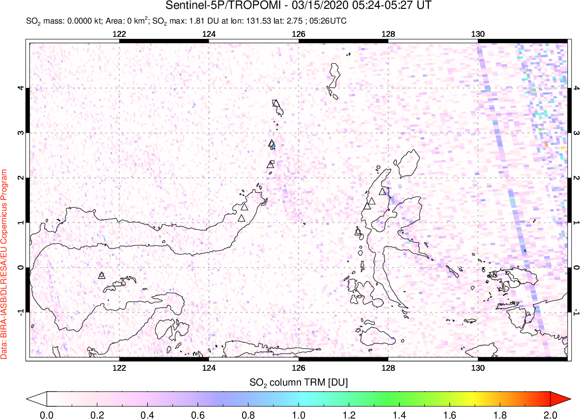 A sulfur dioxide image over Northern Sulawesi & Halmahera, Indonesia on Mar 15, 2020.