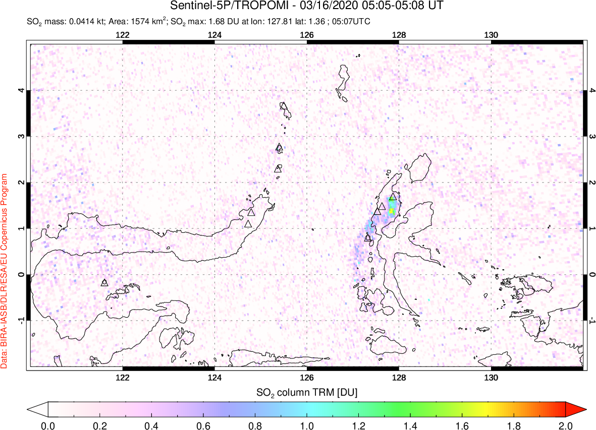 A sulfur dioxide image over Northern Sulawesi & Halmahera, Indonesia on Mar 16, 2020.
