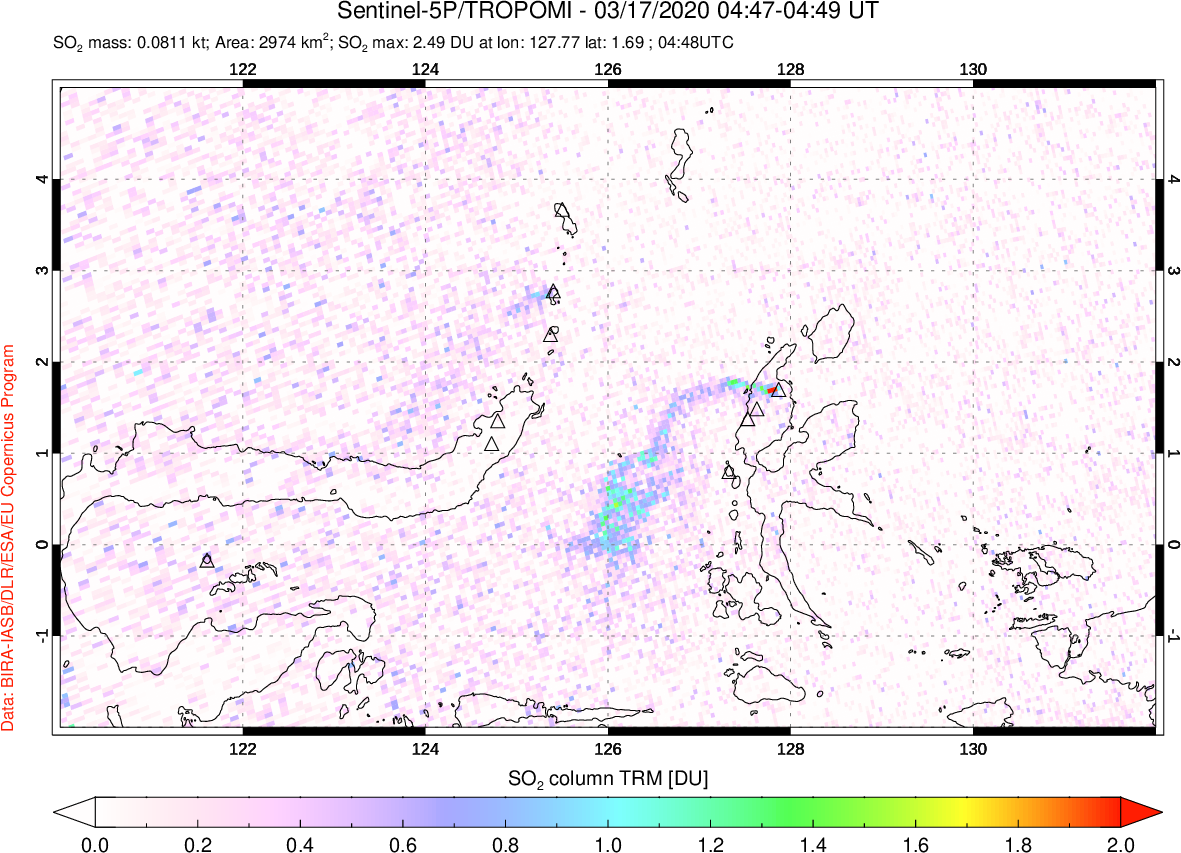 A sulfur dioxide image over Northern Sulawesi & Halmahera, Indonesia on Mar 17, 2020.