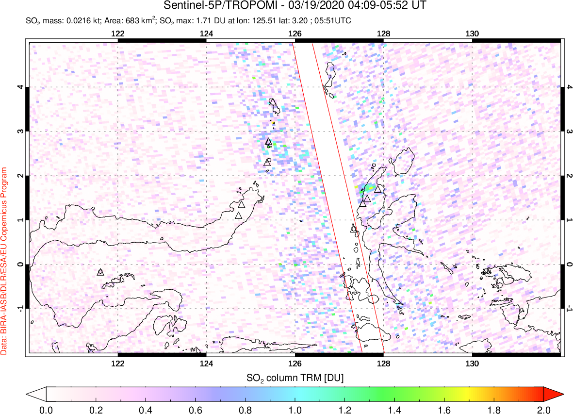 A sulfur dioxide image over Northern Sulawesi & Halmahera, Indonesia on Mar 19, 2020.