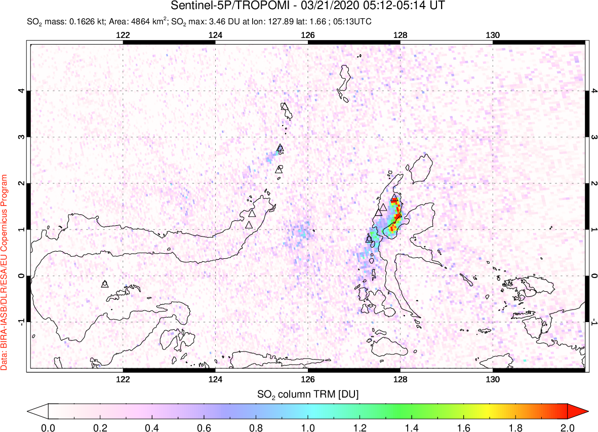 A sulfur dioxide image over Northern Sulawesi & Halmahera, Indonesia on Mar 21, 2020.