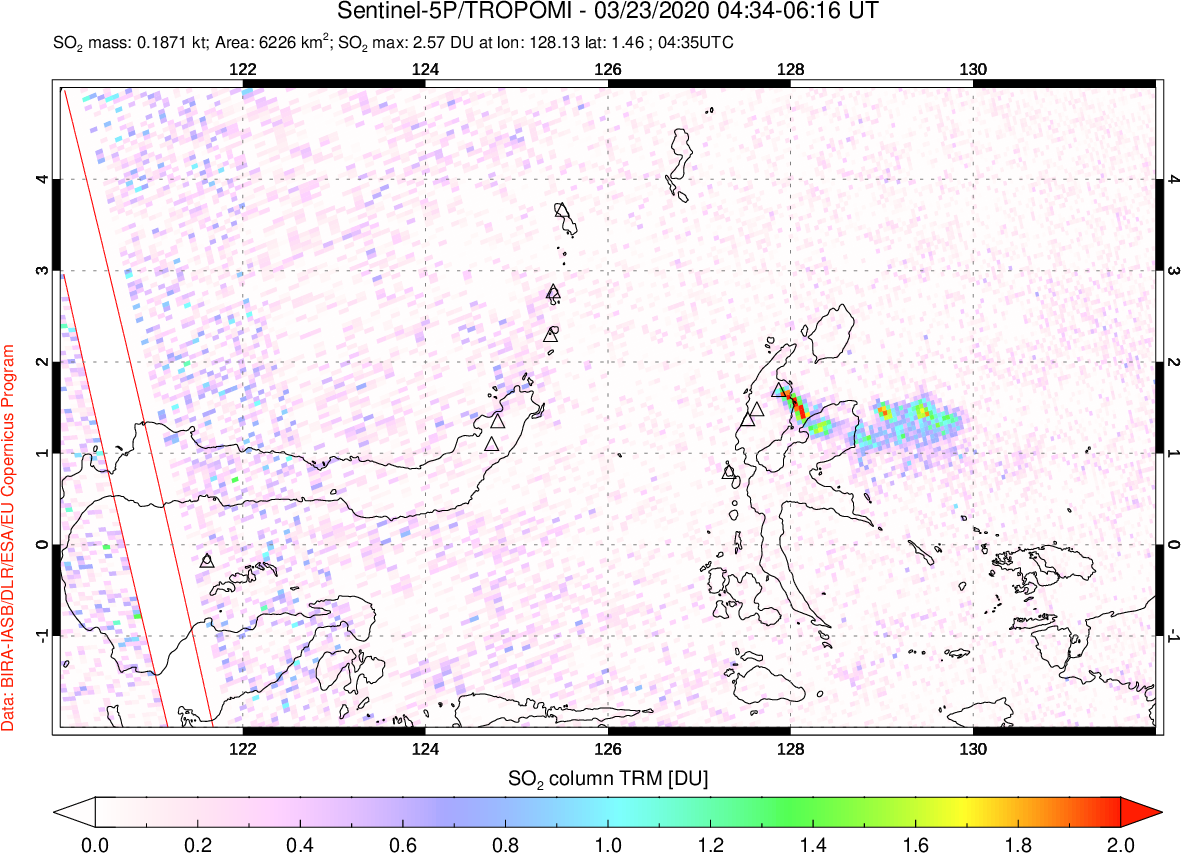 A sulfur dioxide image over Northern Sulawesi & Halmahera, Indonesia on Mar 23, 2020.