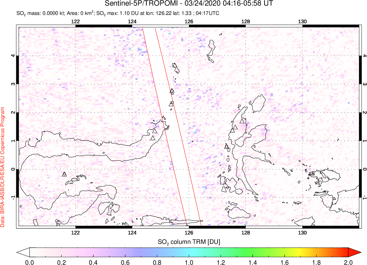 A sulfur dioxide image over Northern Sulawesi & Halmahera, Indonesia on Mar 24, 2020.