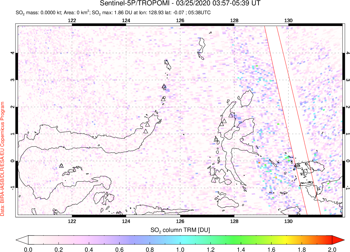 A sulfur dioxide image over Northern Sulawesi & Halmahera, Indonesia on Mar 25, 2020.