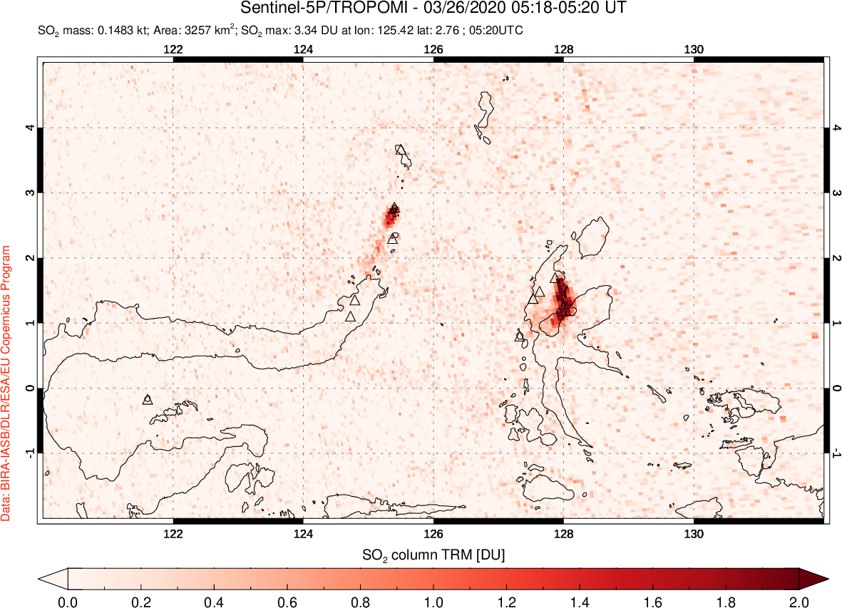 A sulfur dioxide image over Northern Sulawesi & Halmahera, Indonesia on Mar 26, 2020.
