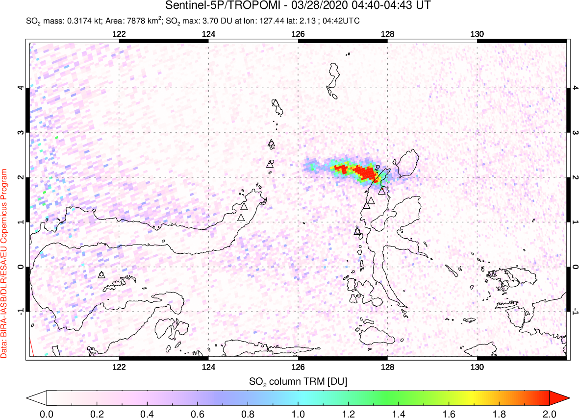 A sulfur dioxide image over Northern Sulawesi & Halmahera, Indonesia on Mar 28, 2020.