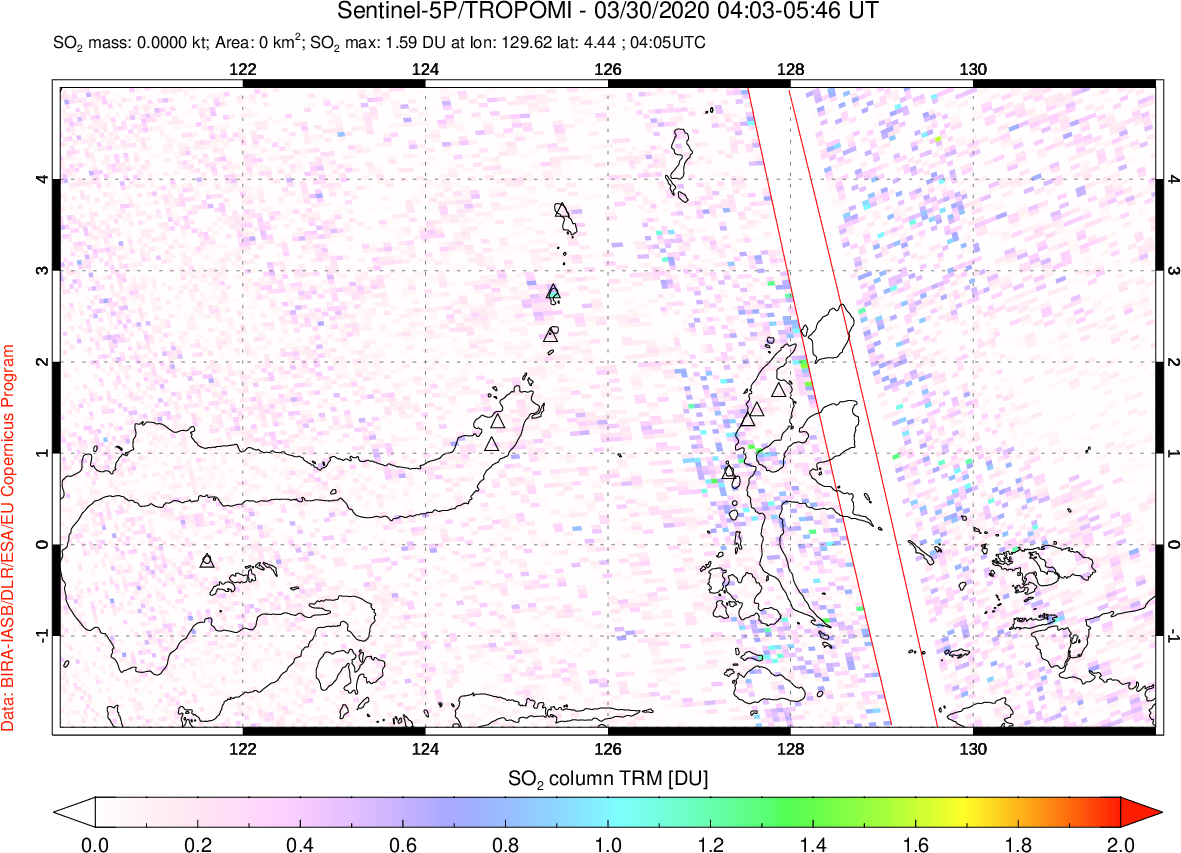 A sulfur dioxide image over Northern Sulawesi & Halmahera, Indonesia on Mar 30, 2020.