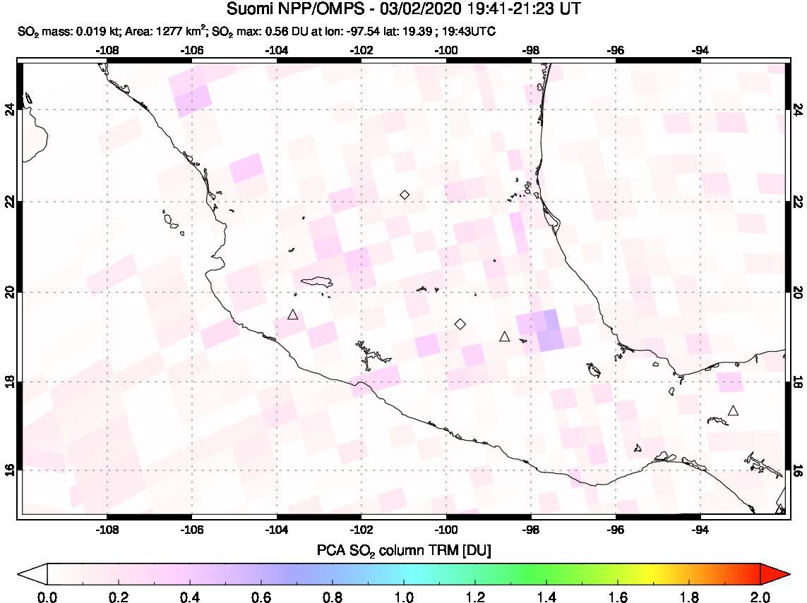 A sulfur dioxide image over Mexico on Mar 02, 2020.