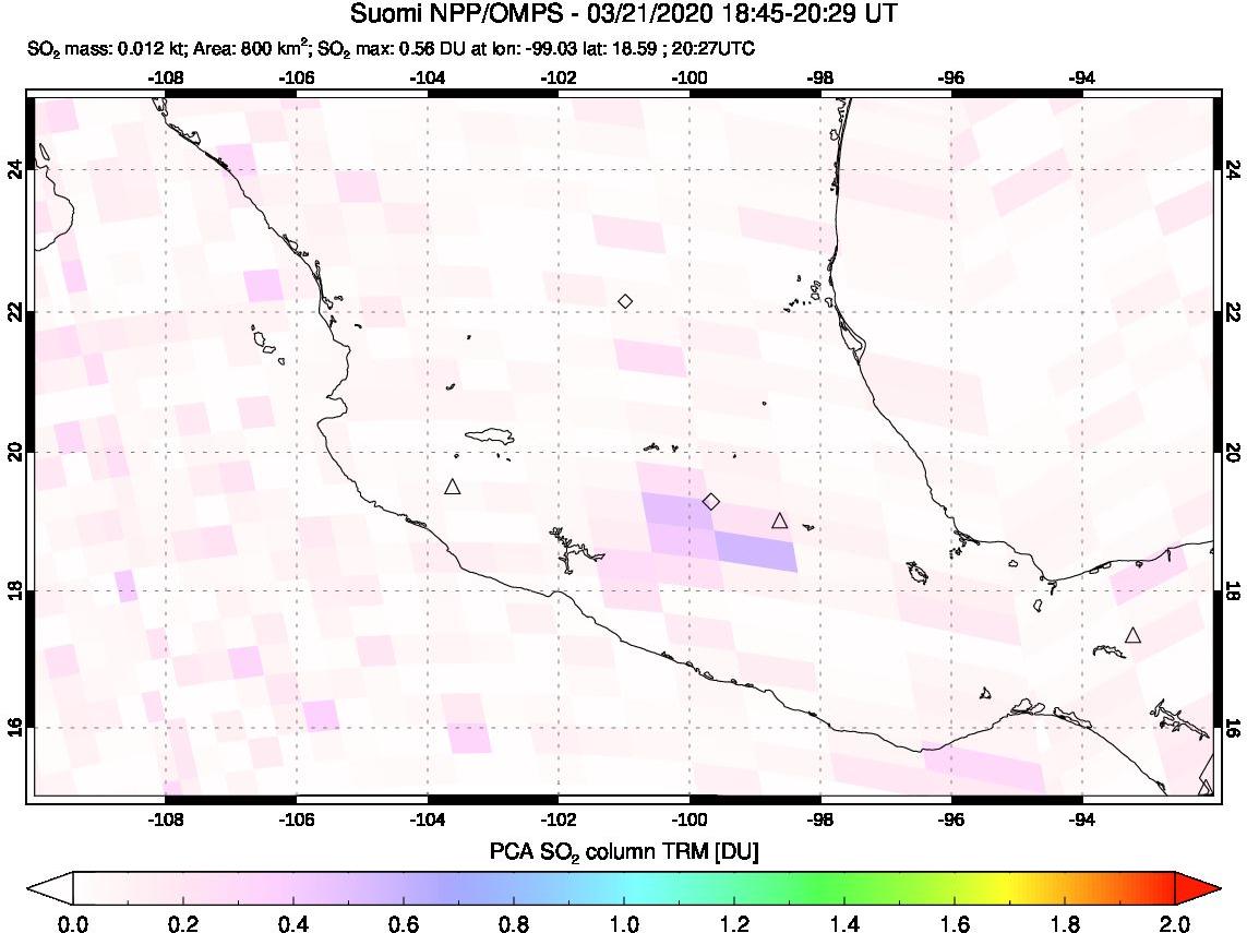 A sulfur dioxide image over Mexico on Mar 21, 2020.