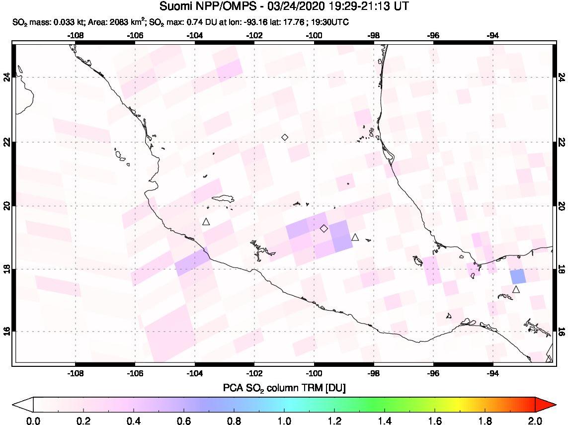 A sulfur dioxide image over Mexico on Mar 24, 2020.