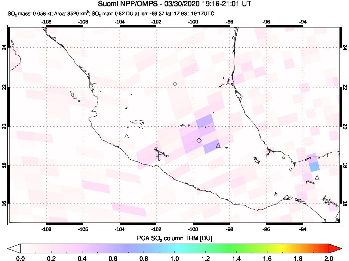 A sulfur dioxide image over Mexico on Mar 30, 2020.
