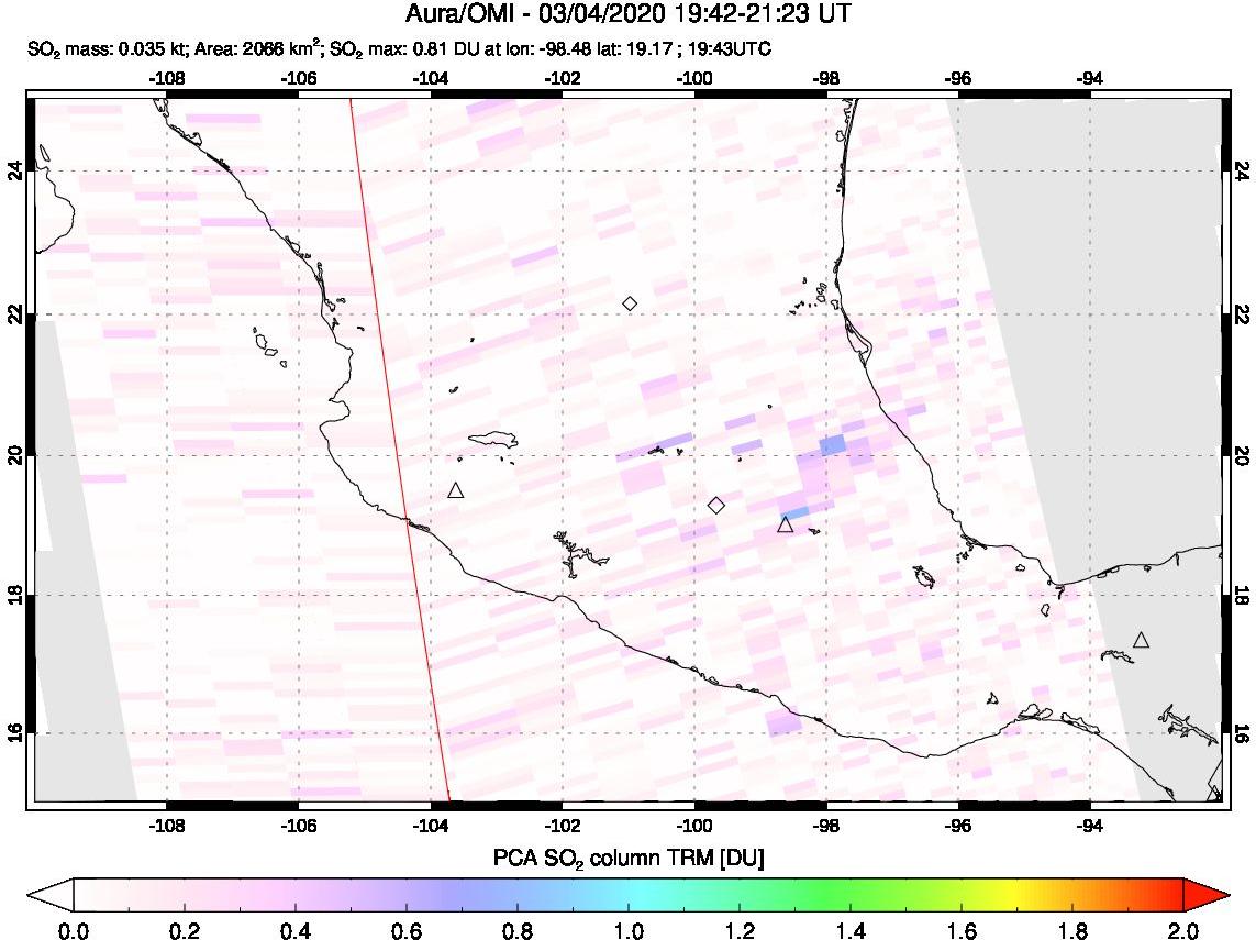 A sulfur dioxide image over Mexico on Mar 04, 2020.