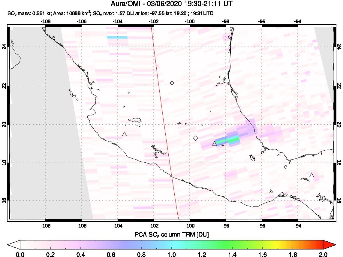 A sulfur dioxide image over Mexico on Mar 06, 2020.