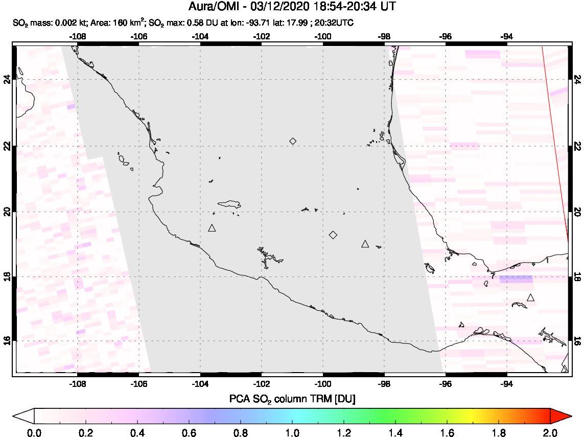 A sulfur dioxide image over Mexico on Mar 12, 2020.