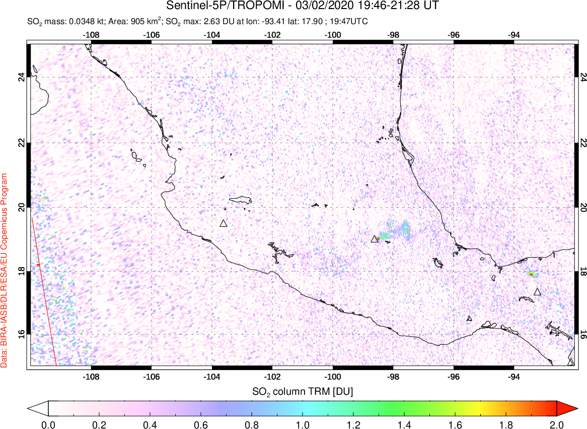 A sulfur dioxide image over Mexico on Mar 02, 2020.