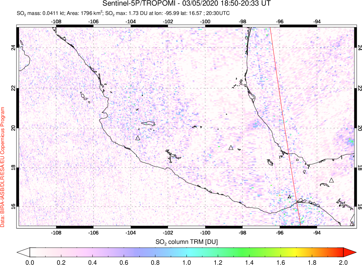 A sulfur dioxide image over Mexico on Mar 05, 2020.