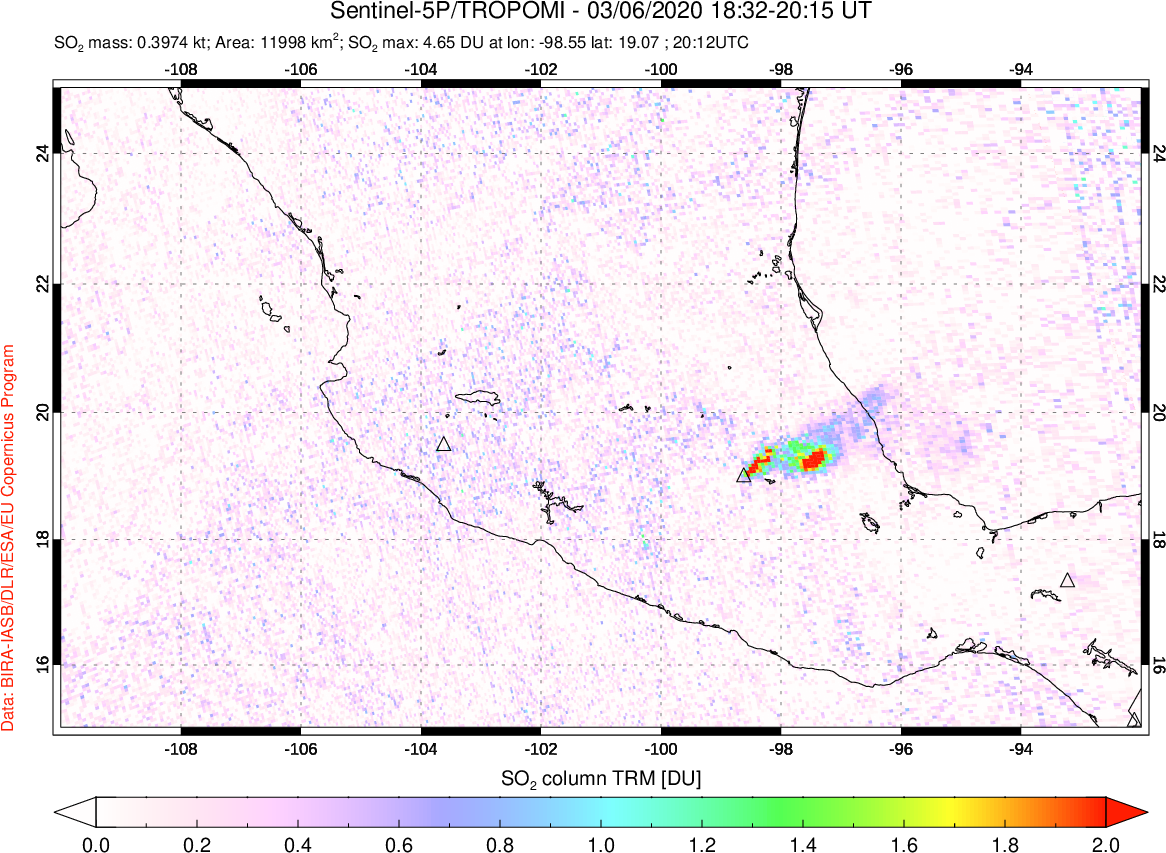 A sulfur dioxide image over Mexico on Mar 06, 2020.