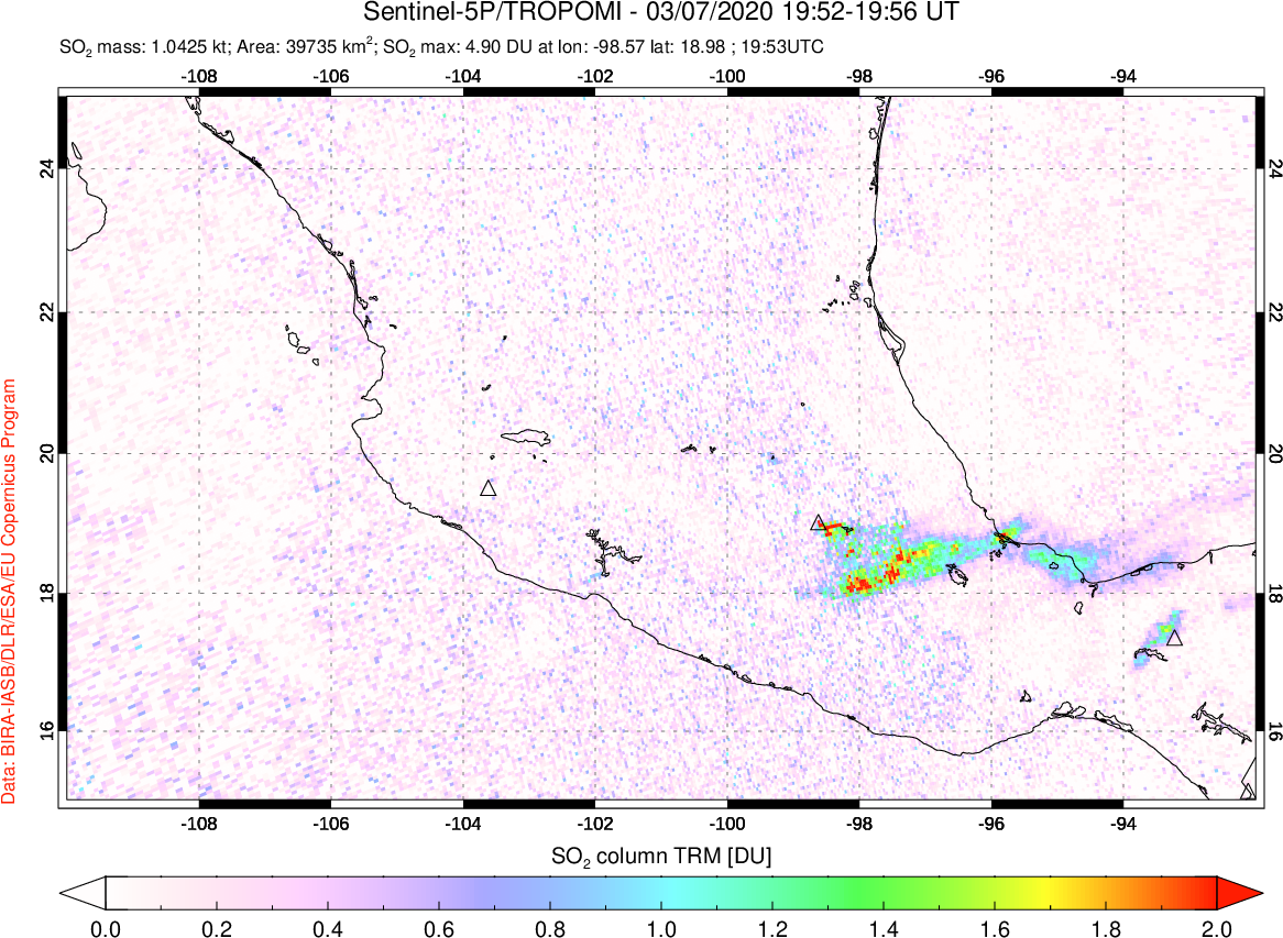A sulfur dioxide image over Mexico on Mar 07, 2020.