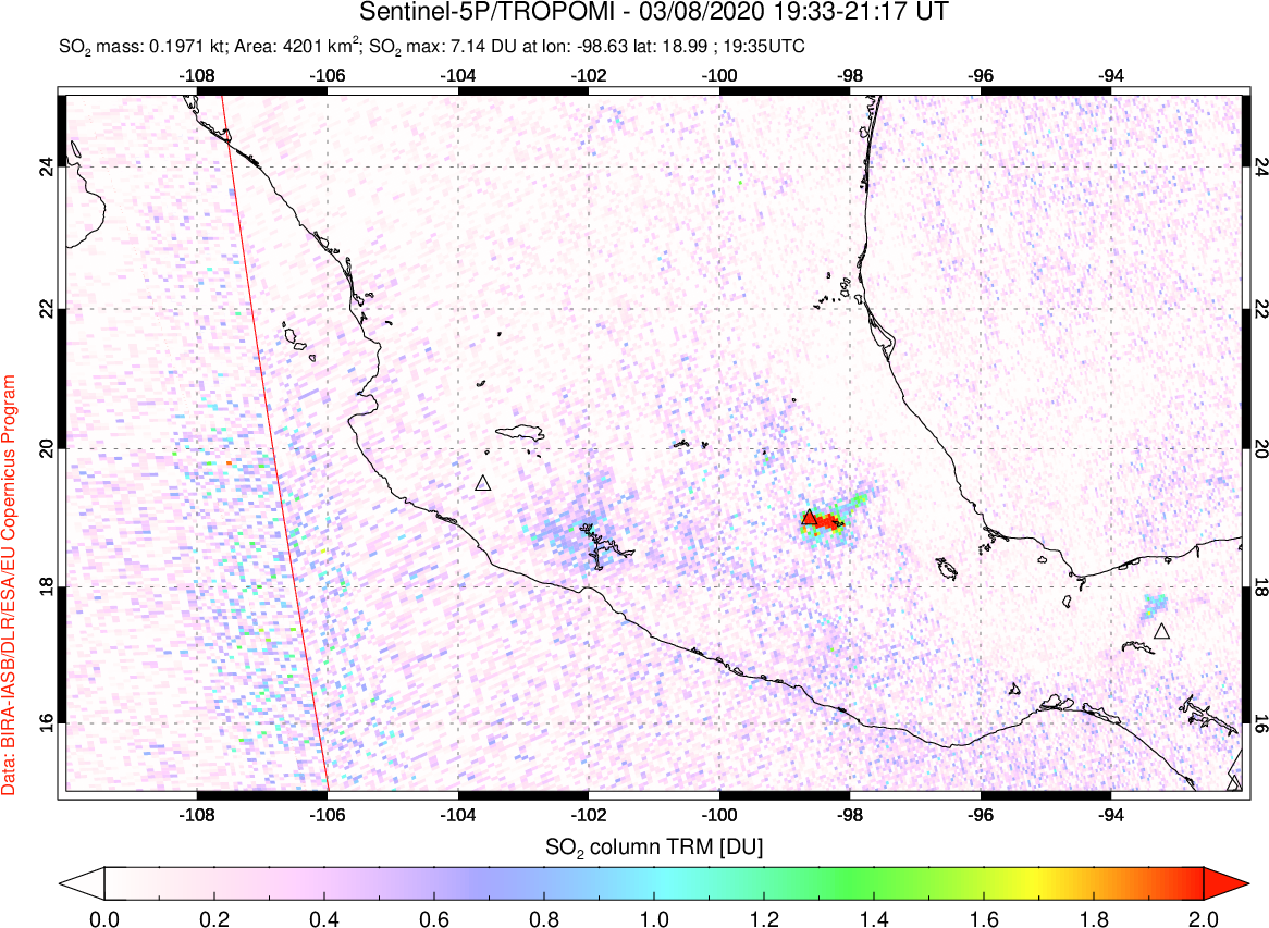 A sulfur dioxide image over Mexico on Mar 08, 2020.