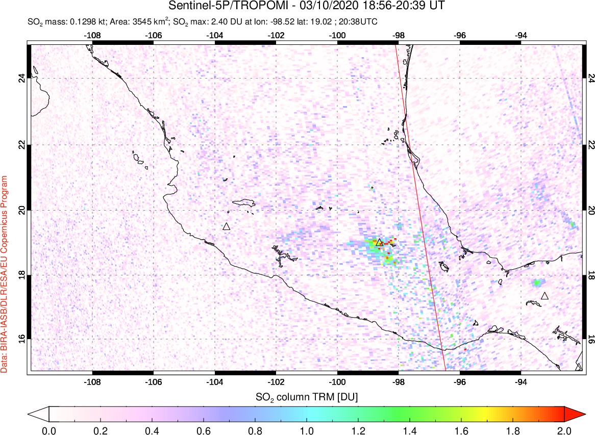 A sulfur dioxide image over Mexico on Mar 10, 2020.