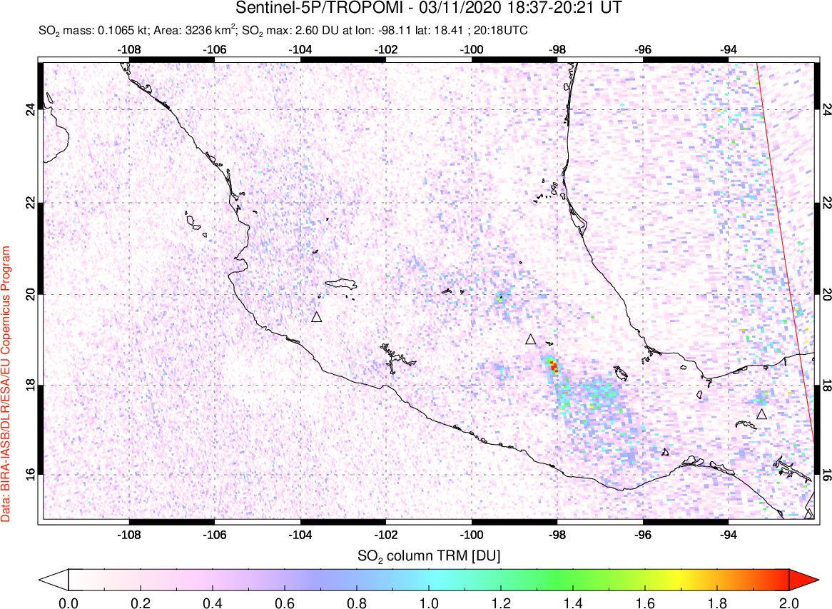 A sulfur dioxide image over Mexico on Mar 11, 2020.