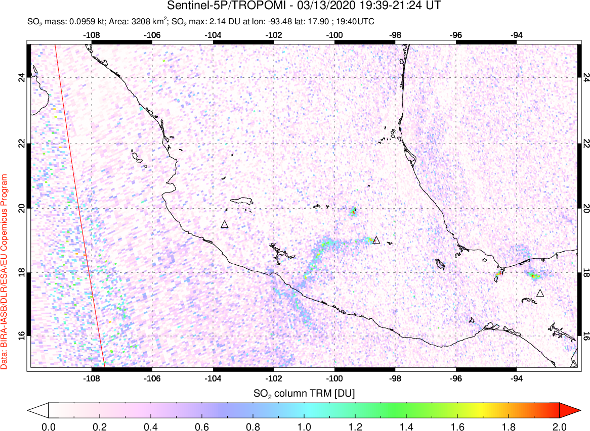 A sulfur dioxide image over Mexico on Mar 13, 2020.