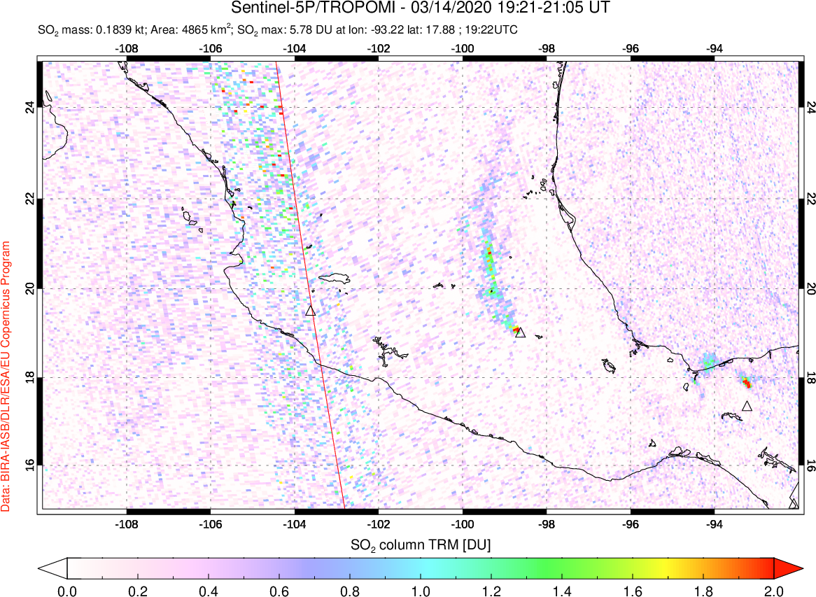 A sulfur dioxide image over Mexico on Mar 14, 2020.