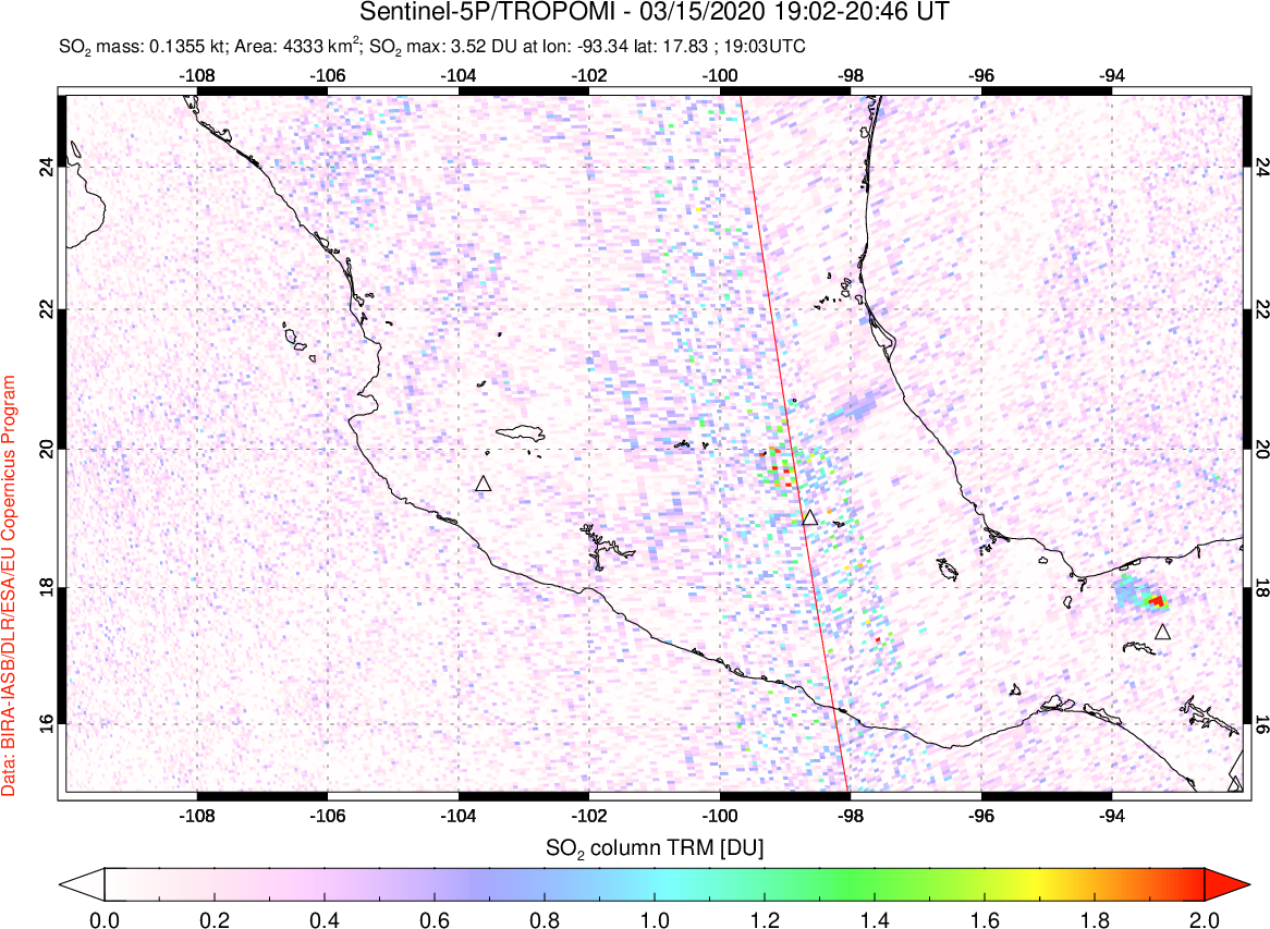 A sulfur dioxide image over Mexico on Mar 15, 2020.