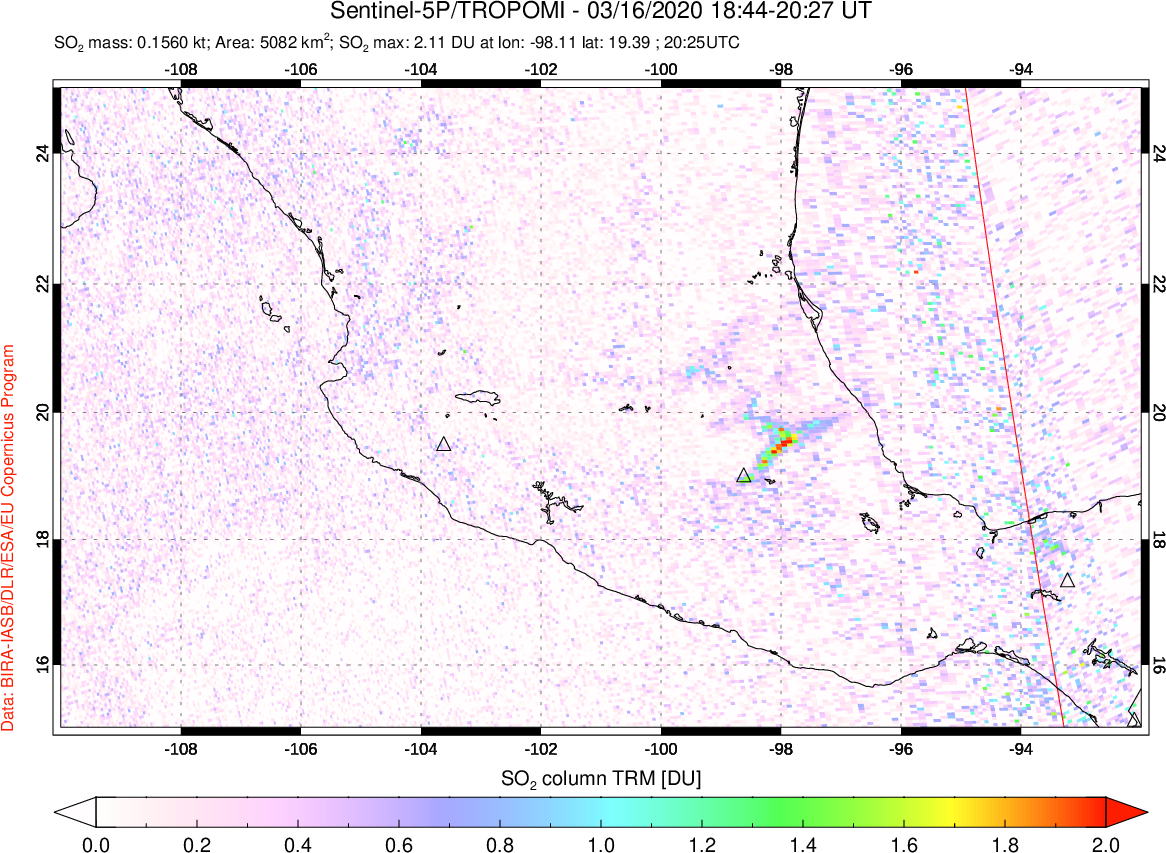 A sulfur dioxide image over Mexico on Mar 16, 2020.