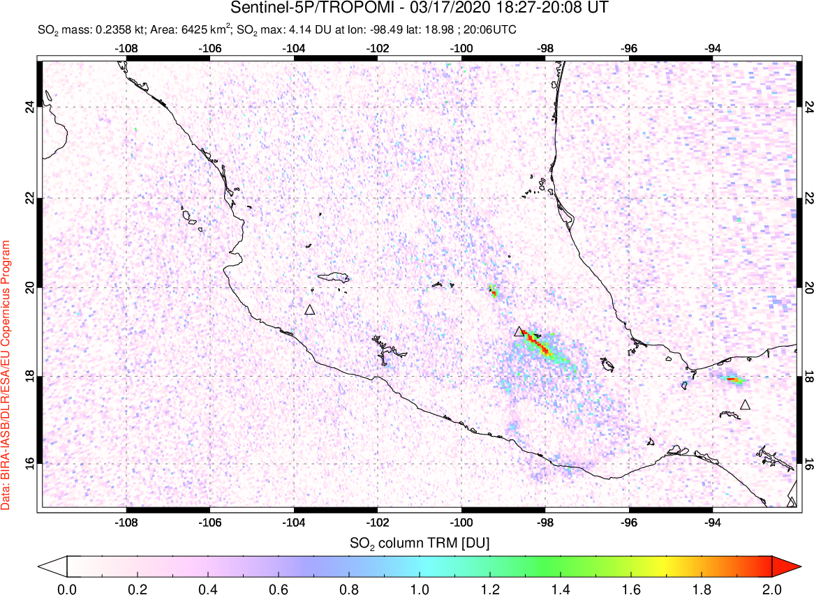 A sulfur dioxide image over Mexico on Mar 17, 2020.
