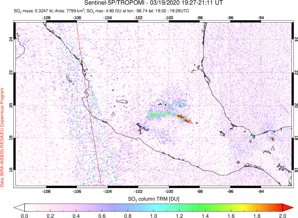 A sulfur dioxide image over Mexico on Mar 19, 2020.