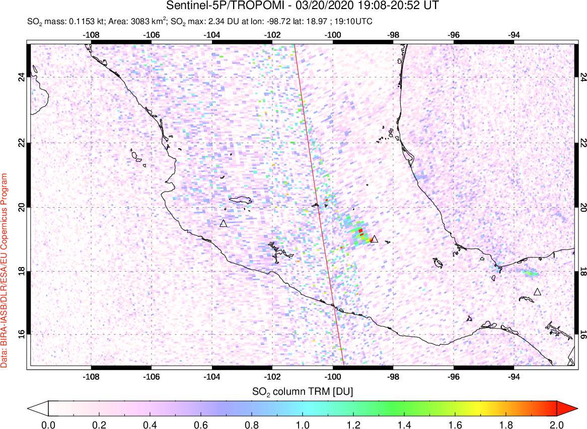 A sulfur dioxide image over Mexico on Mar 20, 2020.