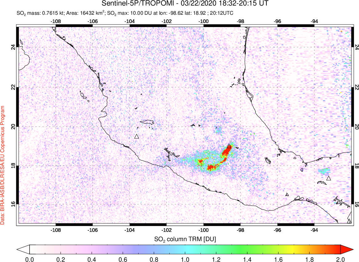 A sulfur dioxide image over Mexico on Mar 22, 2020.