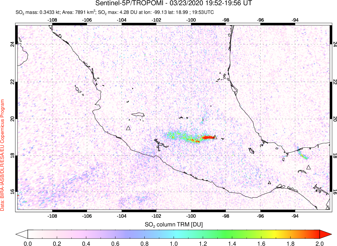 A sulfur dioxide image over Mexico on Mar 23, 2020.