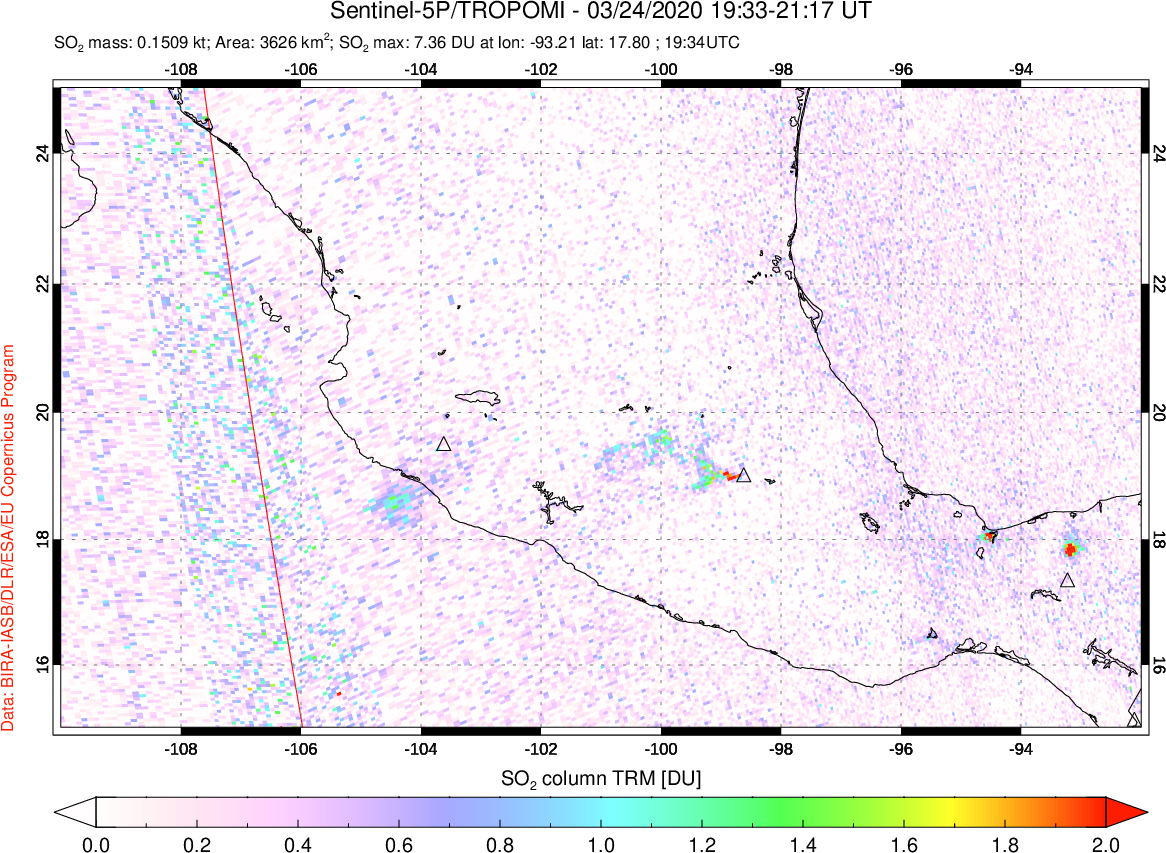A sulfur dioxide image over Mexico on Mar 24, 2020.