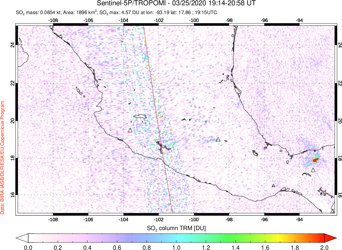 A sulfur dioxide image over Mexico on Mar 25, 2020.