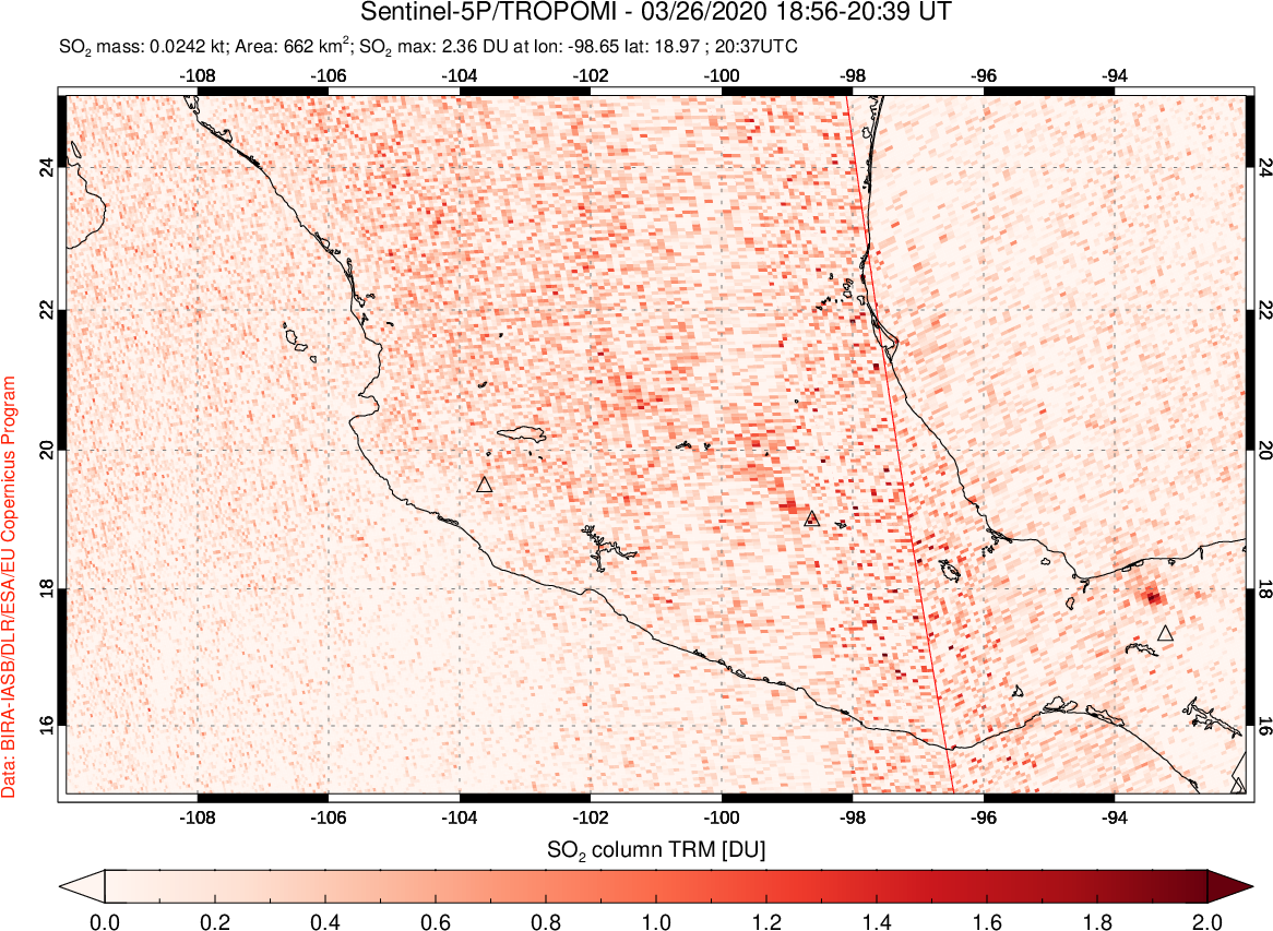 A sulfur dioxide image over Mexico on Mar 26, 2020.