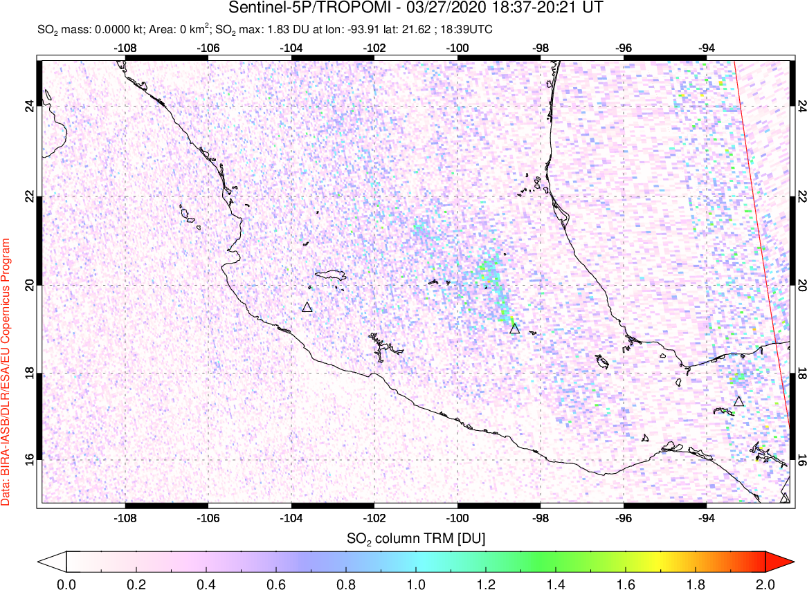 A sulfur dioxide image over Mexico on Mar 27, 2020.