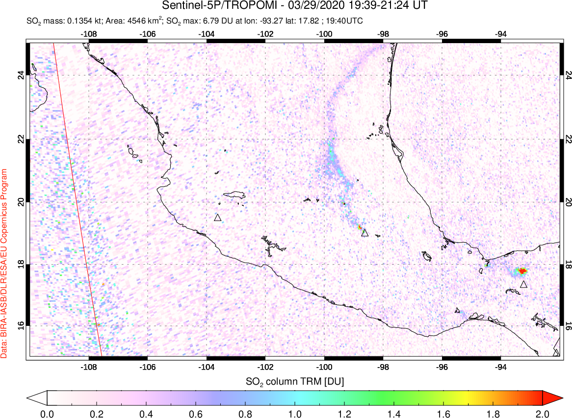 A sulfur dioxide image over Mexico on Mar 29, 2020.