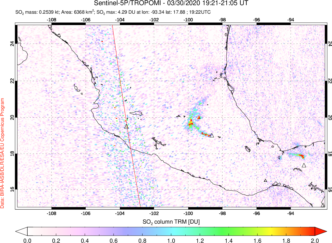 A sulfur dioxide image over Mexico on Mar 30, 2020.
