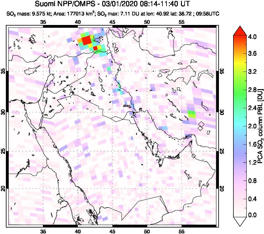 A sulfur dioxide image over Middle East on Mar 01, 2020.